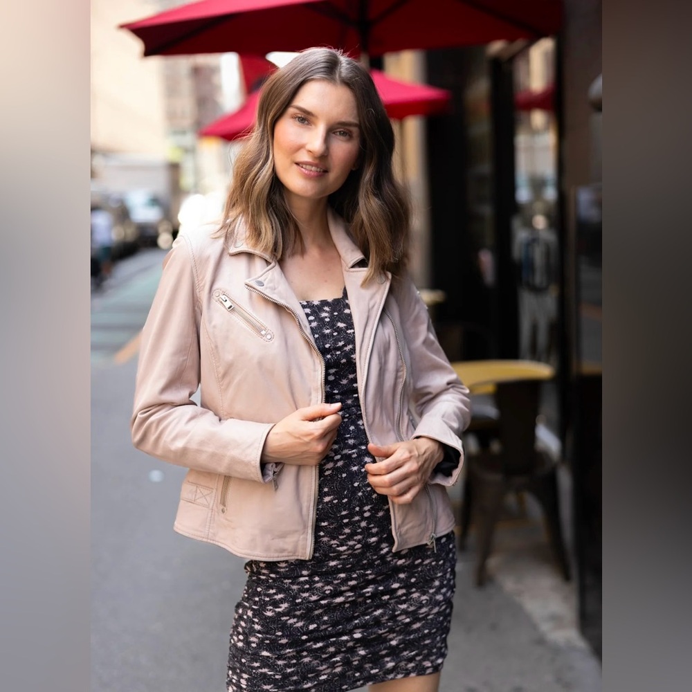 Mauritius Pale Pink Leather Moto Jacket, Asymmetrical Zipper, Notched Lapel